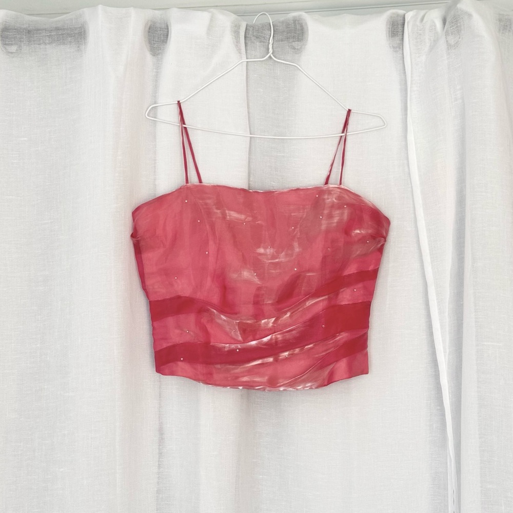✿ ⋆｡ Vintage Sheer Pink Rhinestone Bustier Top ⋆｡✿